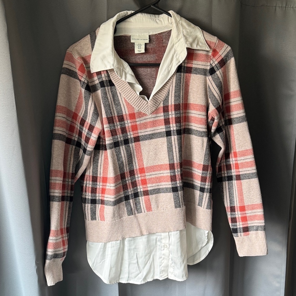 Addrienne Vittadini Pink Plaid V-Neck Sweater with White Layered Collar